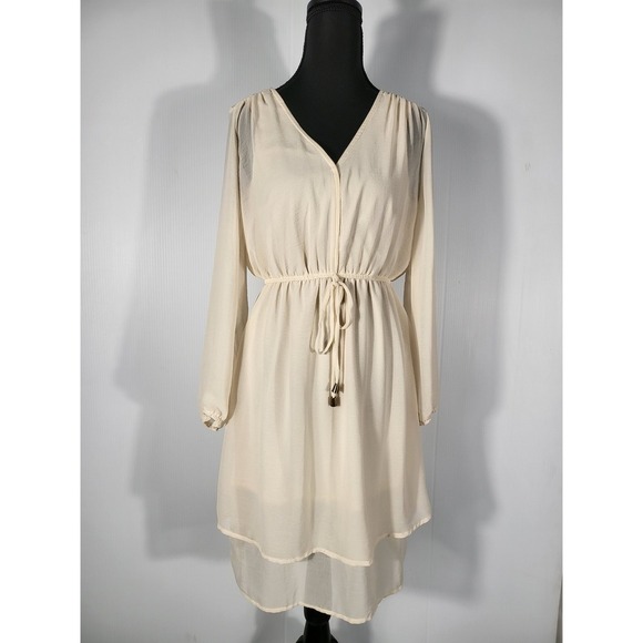 SOHO Apparel LTD.Long Sleeve Dress V-Neck Drawstring Waist  Beige Dress Size S - Picture 2 of 8